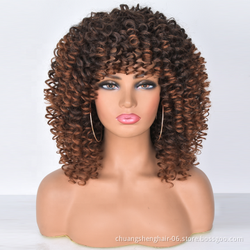 wholesale Natural color synthetic short curly wig vendors Afro Heat Resistant fiber kinky curly with bangs wigs for black women